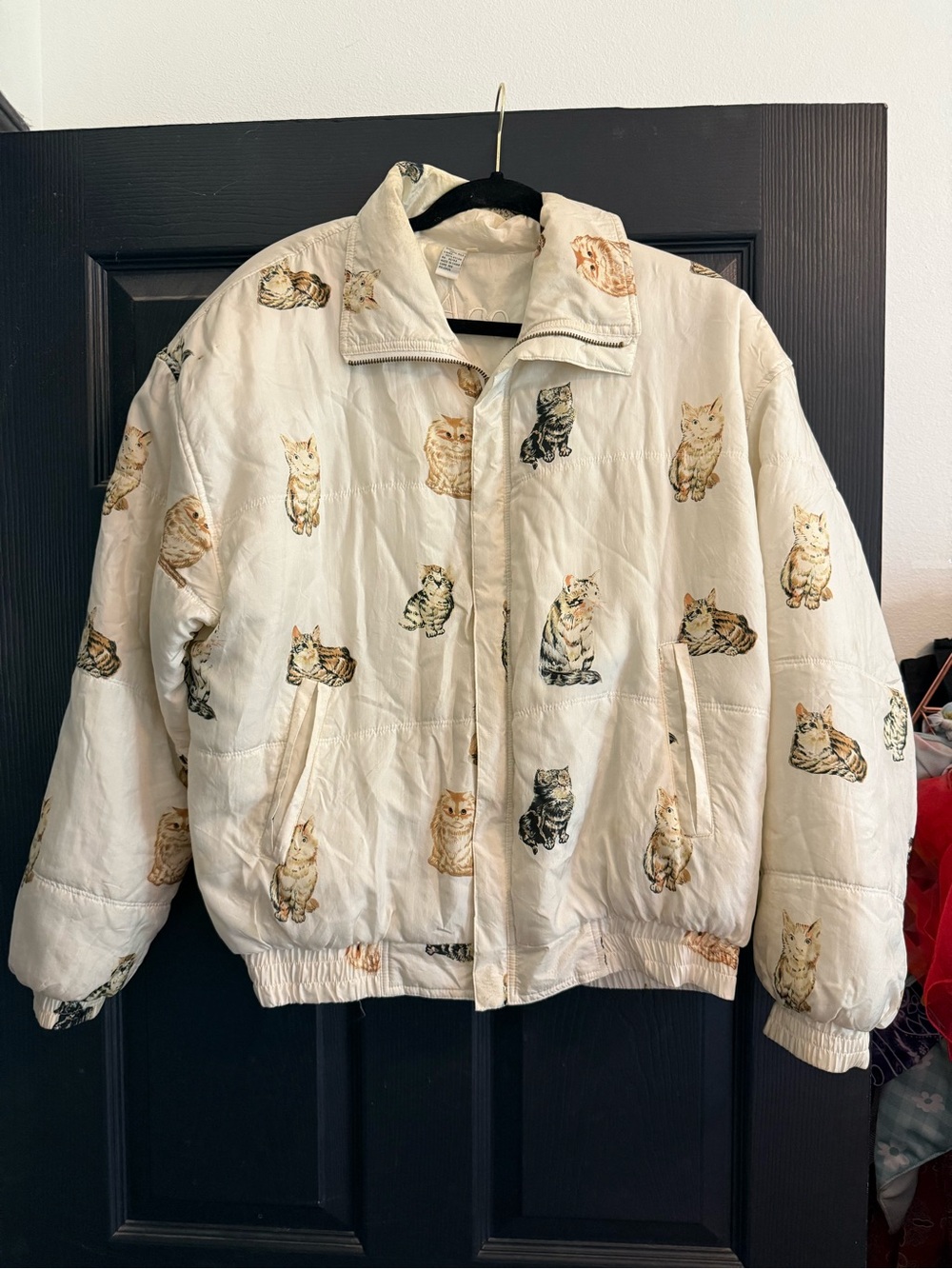 Coaco Silk Cat Pattern Bomber White Jacket , Size L, EUC